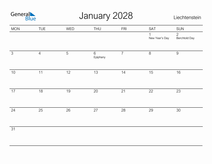 Printable January 2028 Calendar for Liechtenstein