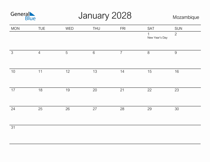 Printable January 2028 Calendar for Mozambique