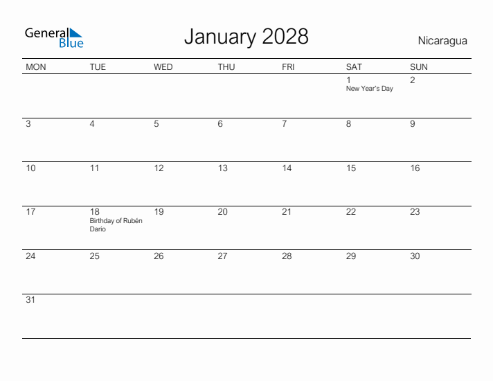Printable January 2028 Calendar for Nicaragua