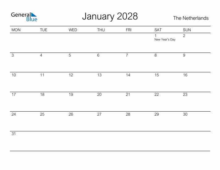 Printable January 2028 Calendar for The Netherlands