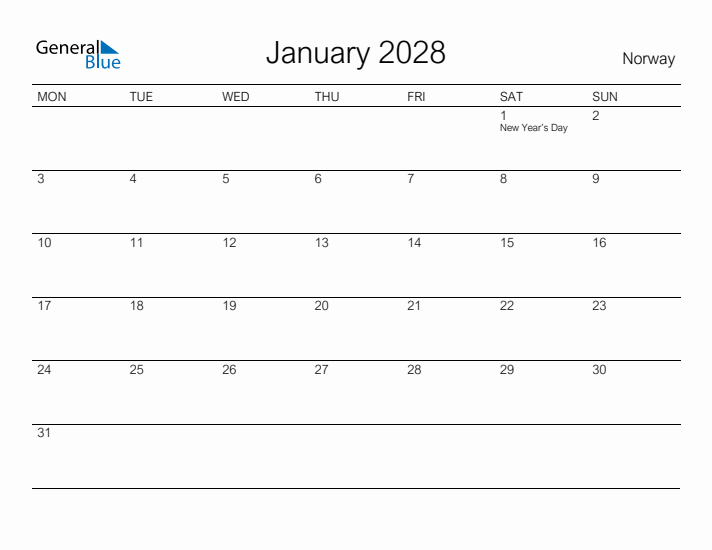 Printable January 2028 Calendar for Norway