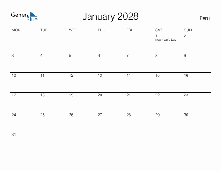 Printable January 2028 Calendar for Peru