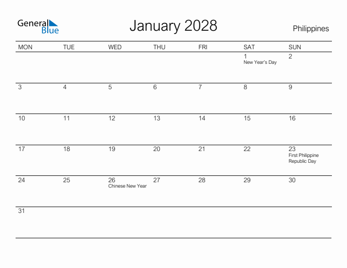 Printable January 2028 Calendar for Philippines