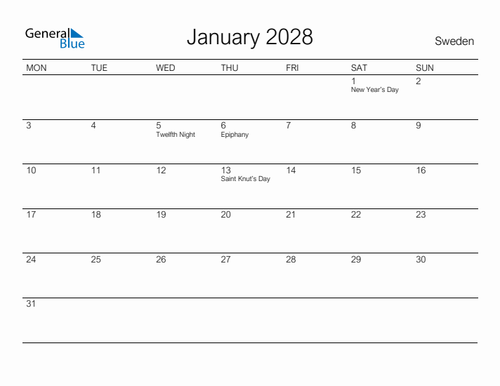 Printable January 2028 Calendar for Sweden