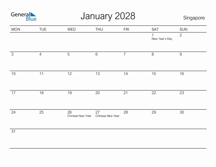 Printable January 2028 Calendar for Singapore