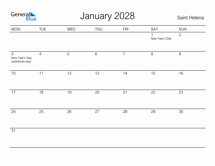 Printable January 2028 Calendar for Saint Helena