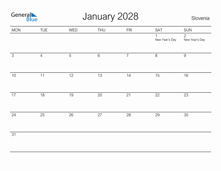 Printable January 2028 Calendar for Slovenia