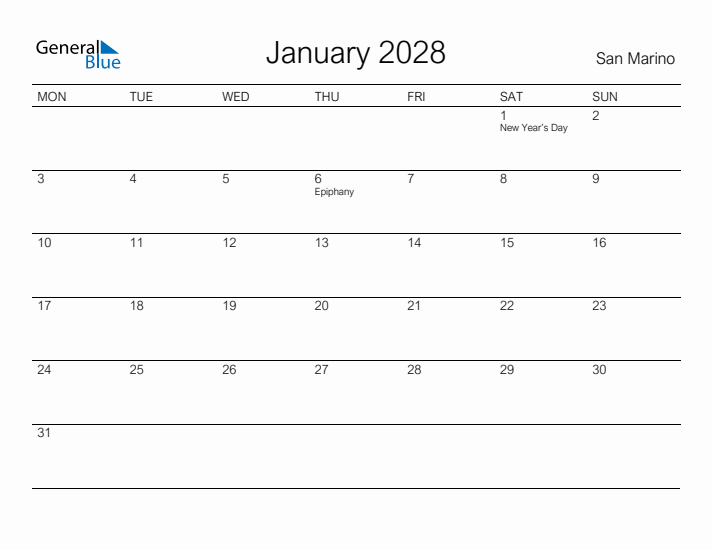 Printable January 2028 Calendar for San Marino