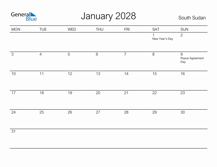 Printable January 2028 Calendar for South Sudan