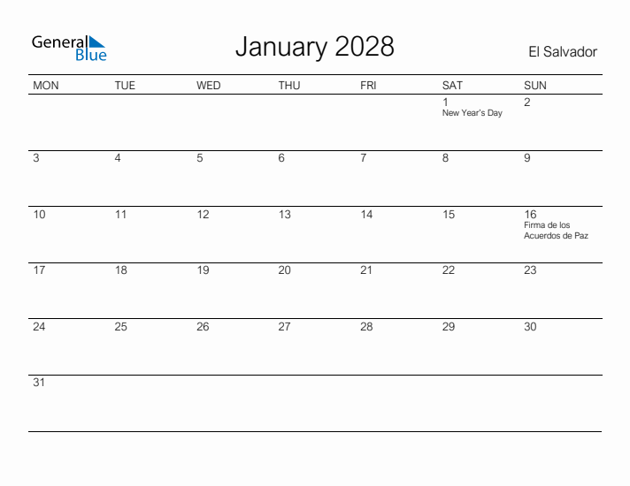 Printable January 2028 Calendar for El Salvador