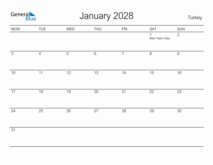 Printable January 2028 Calendar for Turkey