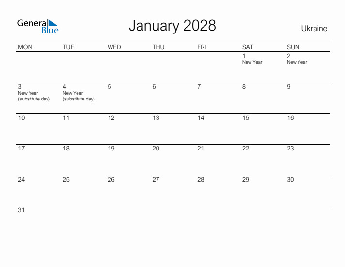 Printable January 2028 Calendar for Ukraine