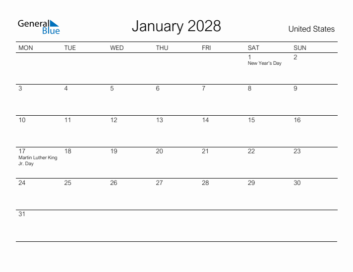 Printable January 2028 Calendar for United States