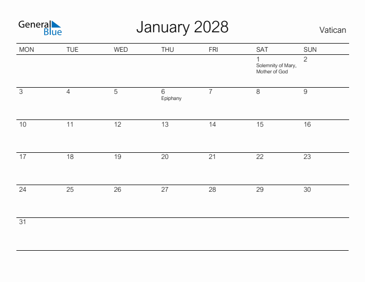 Printable January 2028 Calendar for Vatican