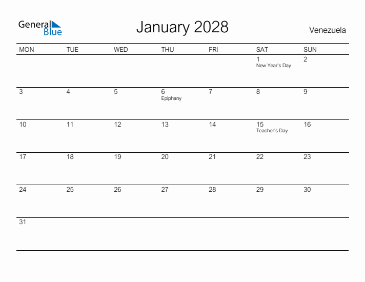 Printable January 2028 Calendar for Venezuela