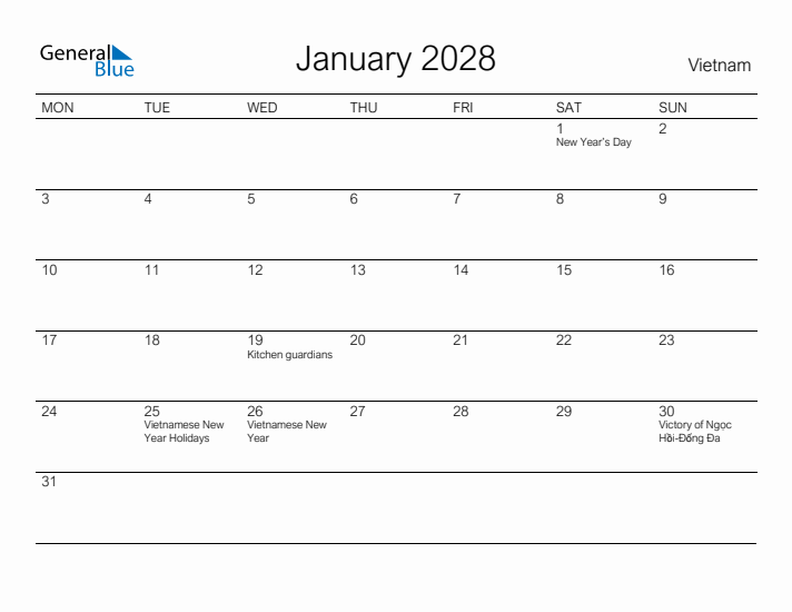 Printable January 2028 Calendar for Vietnam