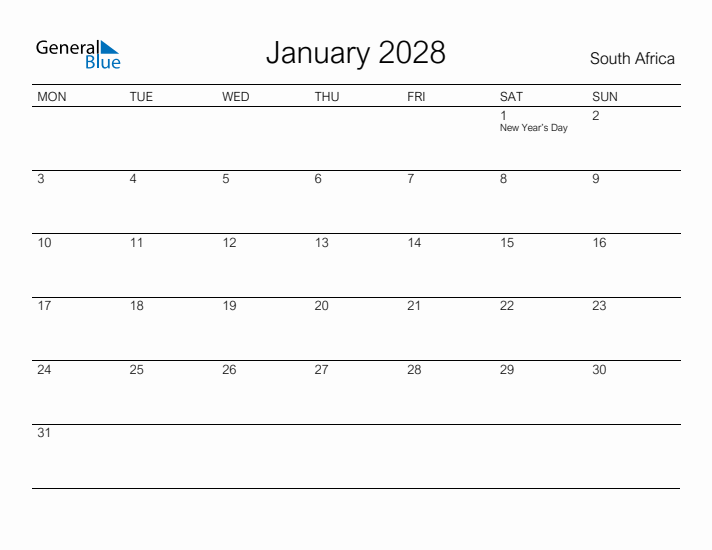 Printable January 2028 Calendar for South Africa