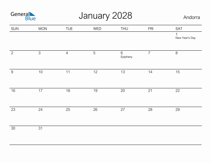 Printable January 2028 Calendar for Andorra