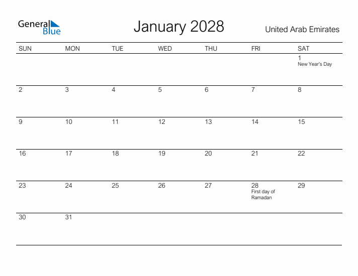 Printable January 2028 Calendar for United Arab Emirates