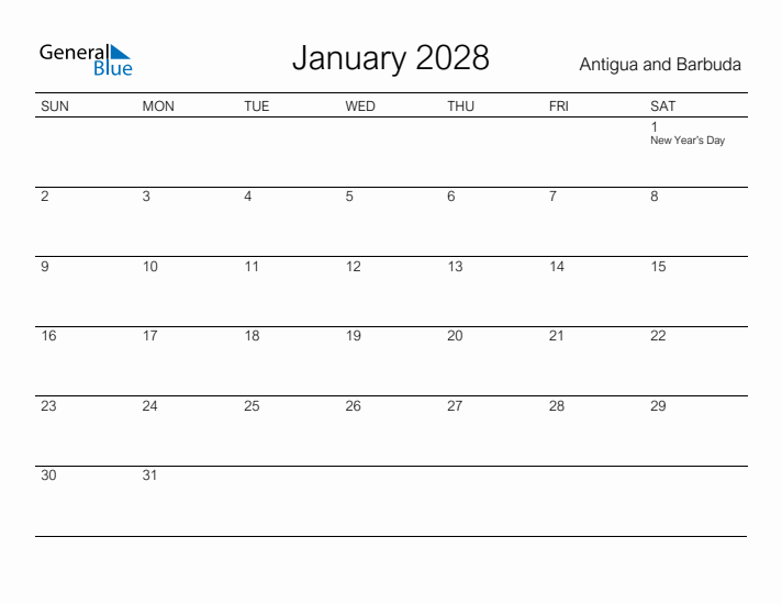 Printable January 2028 Calendar for Antigua and Barbuda