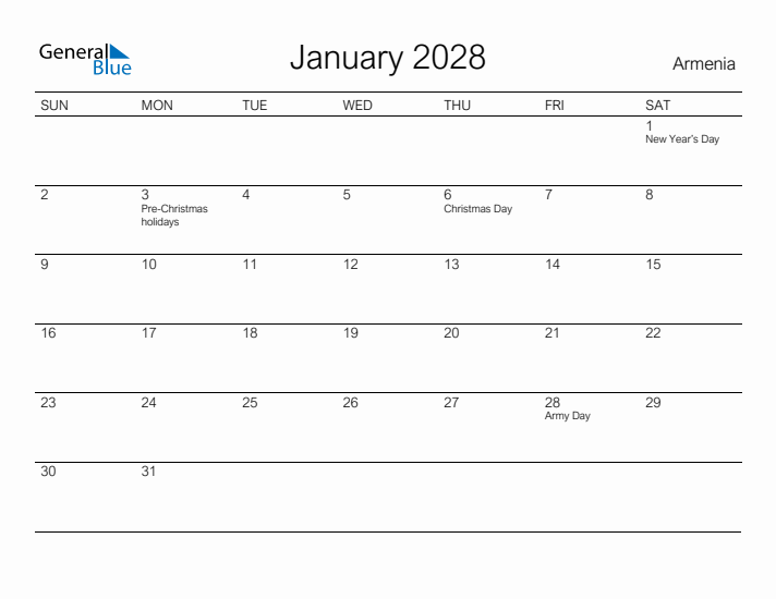 Printable January 2028 Calendar for Armenia