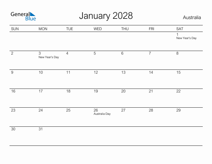 Printable January 2028 Calendar for Australia