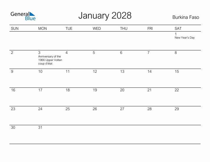 Printable January 2028 Calendar for Burkina Faso