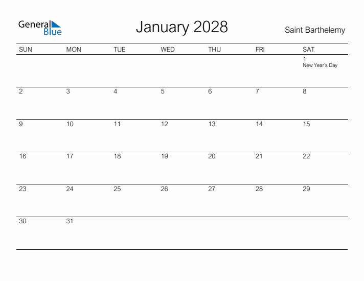 Printable January 2028 Calendar for Saint Barthelemy