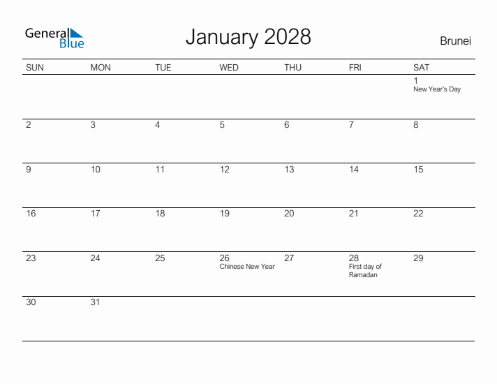 Printable January 2028 Calendar for Brunei