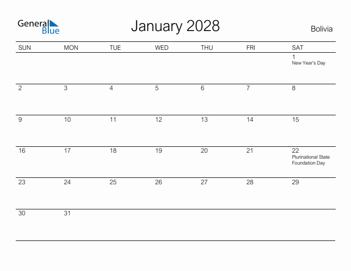 Printable January 2028 Calendar for Bolivia