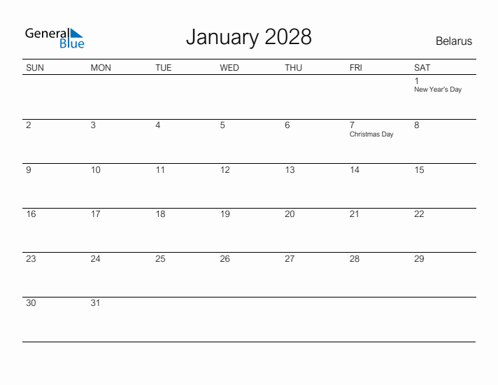 Printable January 2028 Calendar for Belarus