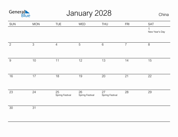 Printable January 2028 Calendar for China