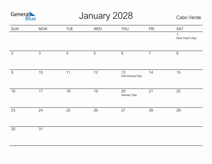 Printable January 2028 Calendar for Cabo Verde