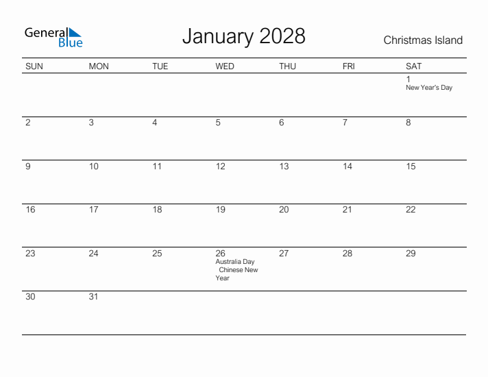 Printable January 2028 Calendar for Christmas Island