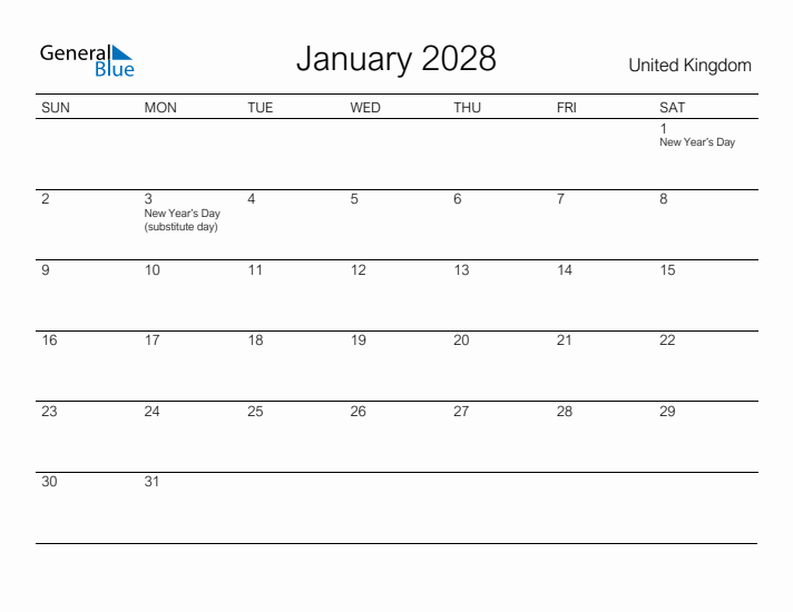 Printable January 2028 Calendar for United Kingdom