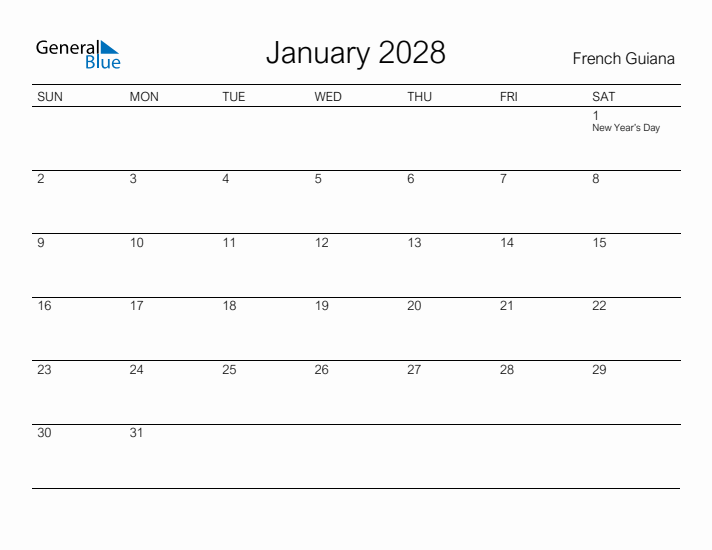 Printable January 2028 Calendar for French Guiana