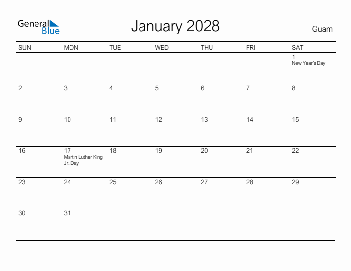 Printable January 2028 Calendar for Guam