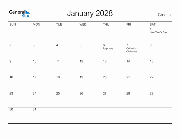 Printable January 2028 Calendar for Croatia