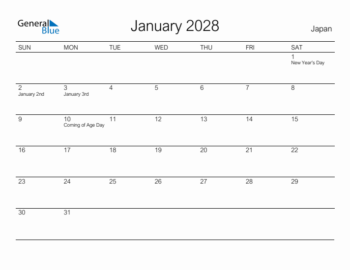 Printable January 2028 Calendar for Japan
