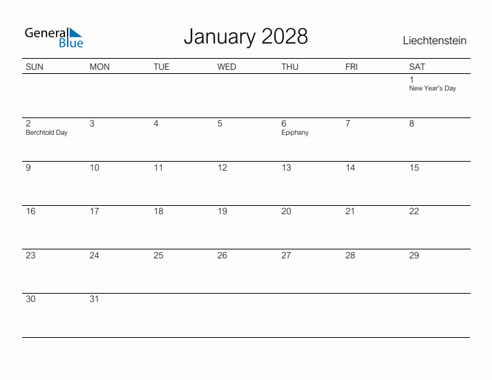 Printable January 2028 Calendar for Liechtenstein