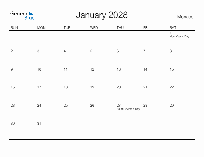 Printable January 2028 Calendar for Monaco