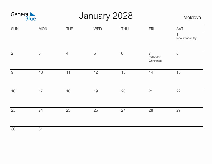 Printable January 2028 Calendar for Moldova