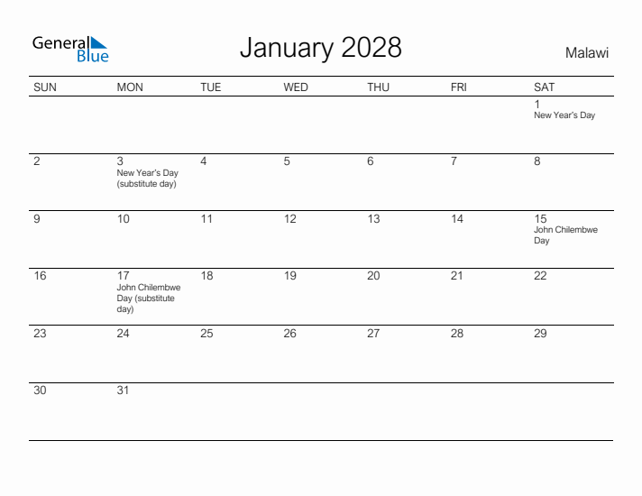 Printable January 2028 Calendar for Malawi