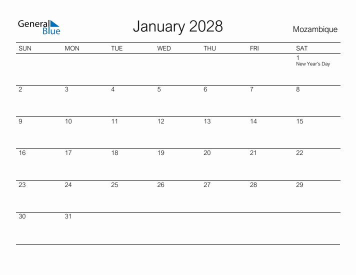 Printable January 2028 Calendar for Mozambique