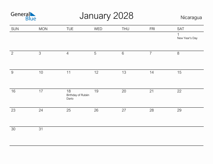 Printable January 2028 Calendar for Nicaragua