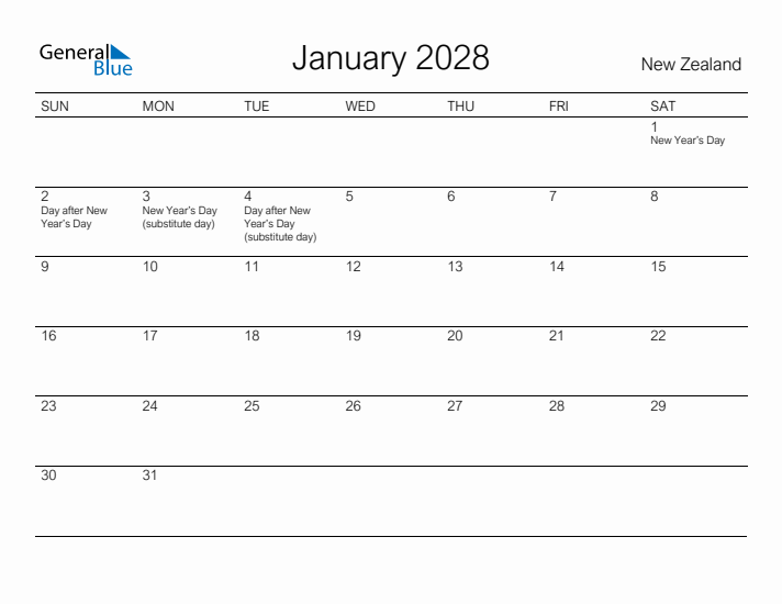 Printable January 2028 Calendar for New Zealand