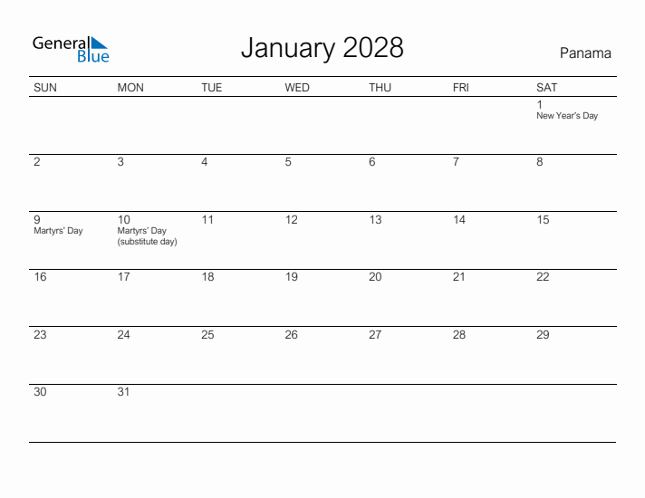 Printable January 2028 Calendar for Panama