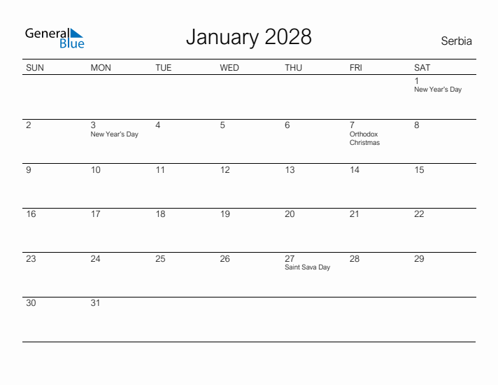 Printable January 2028 Calendar for Serbia