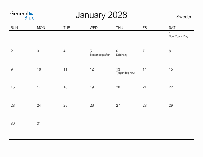 Printable January 2028 Calendar for Sweden