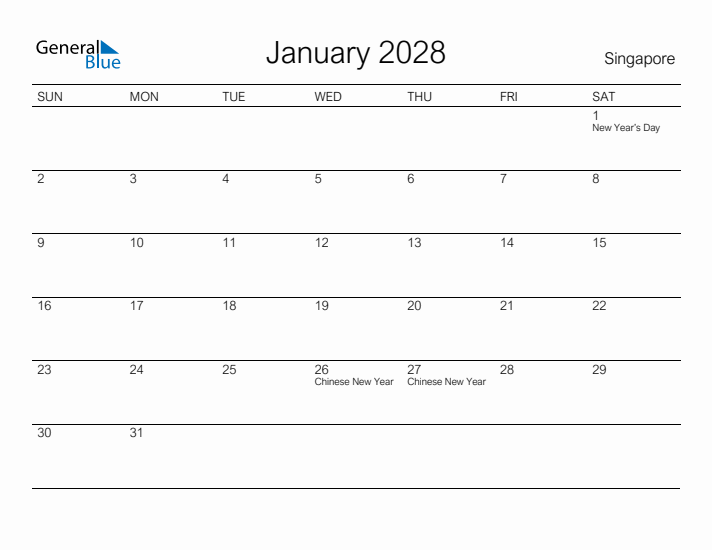 Printable January 2028 Calendar for Singapore